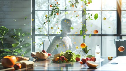An imaginative 3D portrayal of a human figure sitting at a table, with foods like fruits, vegetables, and bread made from wheat floating - Powered by Adobe