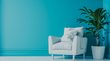 Stylish modern interiors in vibrant turquoise color. Minimalist interiors design.