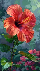 vibrant hues of a blooming hibiscus flower in a traditional watercolor medium, showcasing the delicate petals and rich reds