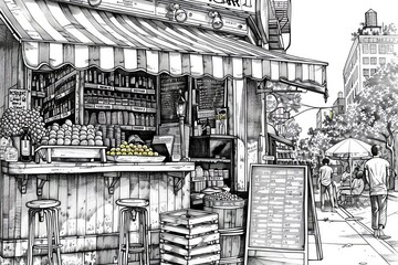detailed pen and ink drawing of side view Summer refreshments, emphasizing the intricate details of a classic lemonade stand, complete with a striped awning, stacks of lemon crates, and a busy