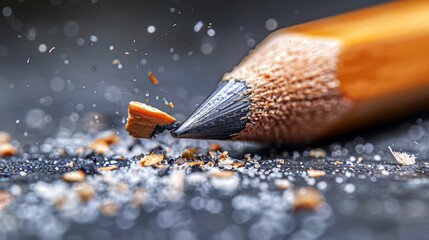   A tight shot of a pencil with a taken-out bit at its tip