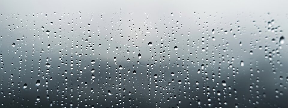A closeup of raindrops on the glass, with the background featuring a gradient from dark to light gray.