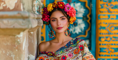 A woman wearing a colorful flower headdress stands in front of a blue