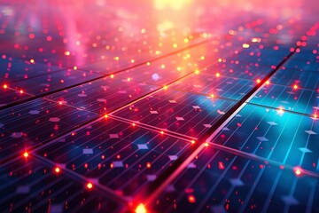 Obraz premium flourishing solar panel field from an overhead perspective, highlighting the geometric patterns and the interplay of light and shadows in a vibrant, colorful vector art style