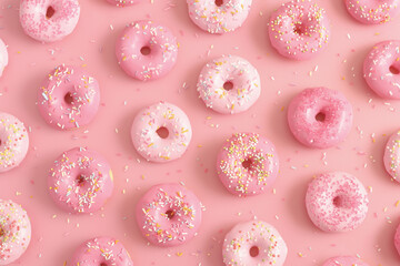 Pink glazed donuts, doughnuts with sprinkles. Sugar, sweets, snack, junk food concept. Top view.	