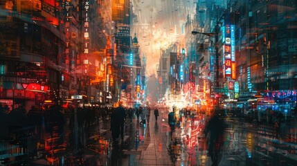 The painting is of a busy urban street with people crossing the road. The colors are vibrant and the brushstrokes are thick. The painting has a sense of energy and excitement.