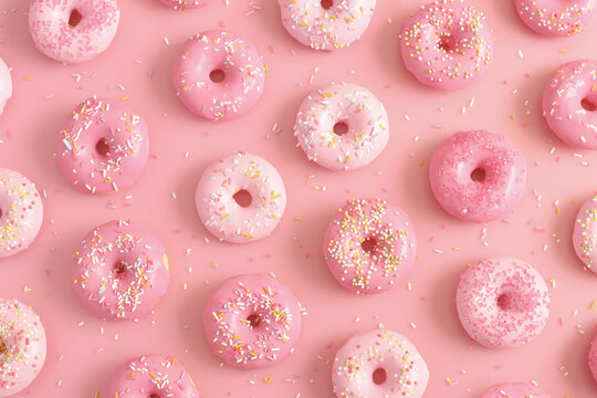 Pink glazed donuts, doughnuts with sprinkles. Sugar, sweets, snack, junk food concept. Top view.	