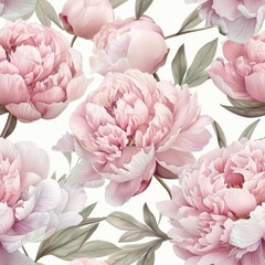 Pink peonies floral pattern on a white background, seamless wallpaper,  illustration in a pastel color tone and watercolor style, vintage.