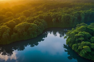 Golden Hour in the Amazon Forest: Stunning Sunrise Exploration Amazon Sunrise: Aerial View of Vibrant Forest Landscape from a Drone