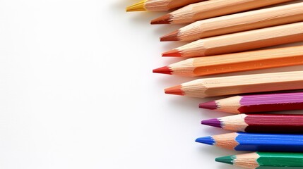 Obraz premium A row of colored pencils aligned on a white surface, topped by another row