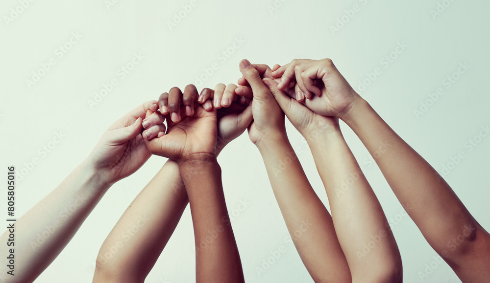 Poster Hands, support and diversity with unity for teamwork in community for hope with world for trust or solidarity. Racial equality, collaboration and motivation with social justice for cooperation