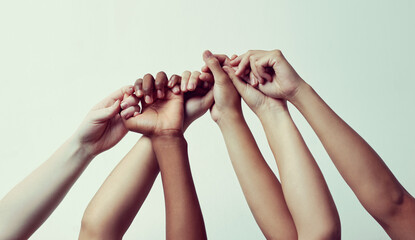 Hands, support and diversity with unity for teamwork in community for hope with world for trust or...