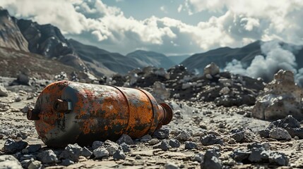  Tank and Barrel in Mountain Landscape with Snow-Covered Peaks and Glacial Water in Nepal