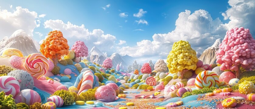 This is a picture of a beautiful landscape with a blue sky, white clouds, and a colorful candy land