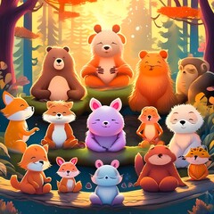A heartwarming scene of various cute animals gathered together, meditating in harmony