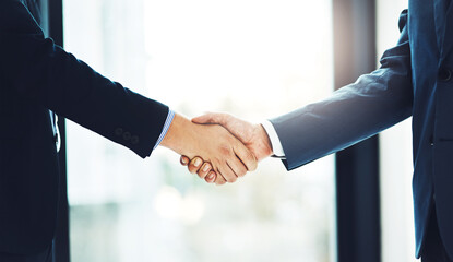 Business people, handshake and partnership in meeting for b2b deal, agreement or collaboration in...