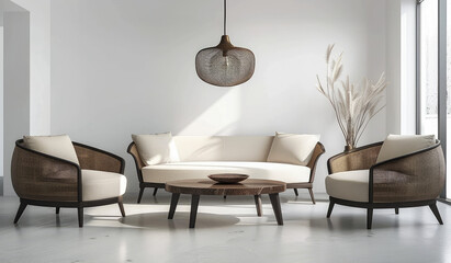 Modern minimalist interior design with white walls and a light grey floor and furniture. There is an elegant round coffee table in the center of the room with two armchairs on each side.