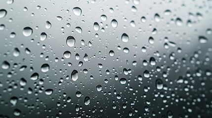 A closeup of raindrops on the glass, with the background featuring a gradient from dark to light gray.