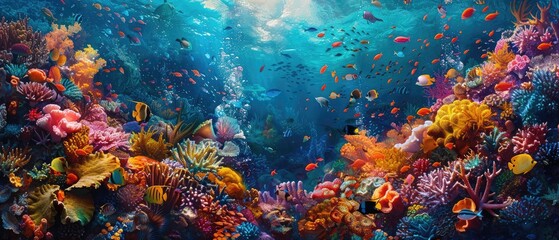 Underwater image of a coral reef with many tropical fish swimming around in the clear blue water.