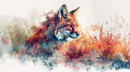 watercolor A watercolor painting of a red fox in a field of grass