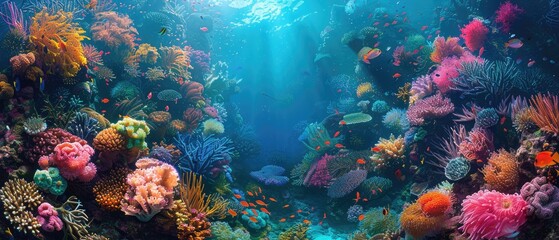Underwater world. Colorful coral reef with exotic fishes.
