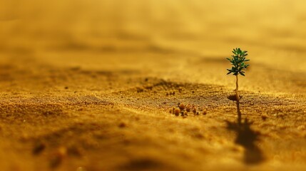   A small tree stands alone in a dirt field against a backdrop of a yellow sky - Powered by Adobe