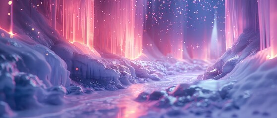 The image is showing a beautiful winter landscape with snow-covered trees and a frozen river running through the middle