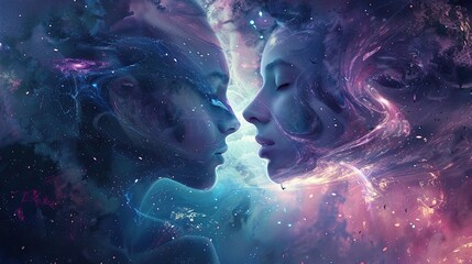 The image could be of a human figure depicted simultaneously in space, the sky, and water, symbolizing a connection between different realms It would be a surreal, dreamlike scene, blending elements o