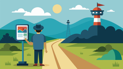 Naklejka premium On a peaceful countryside road a lone traveler looks up as the signal towers bright screen catches their attention with its shocking headlines..
