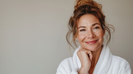 Cheerful pretty gorgeous beautiful middle aged woman with perfect skin care standing in the hotel against neutral background after spa procedures smiling at camera