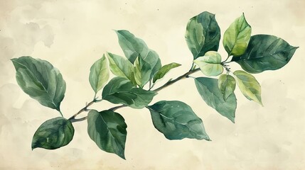 watercolor Delicate and detailed botanical watercolor painting of a branch with green leaves on a beige background.