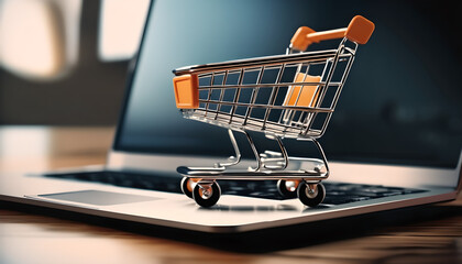 Shopping cart on keyboard of laptop computer Online shopping e-commerce business concept