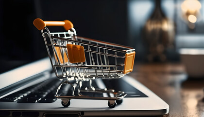 Shopping cart on keyboard of laptop computer Online shopping e-commerce internet business concept