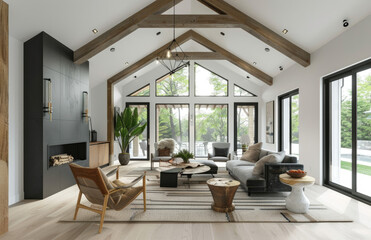 modern interior of living room in wooden house with fireplace, white walls and black details, wood ceiling beams, natural light from windows