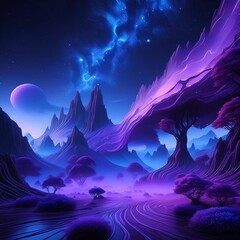 A mesmerizing 3D render of a dark blue sky with purple hues, depicting a surreal scene