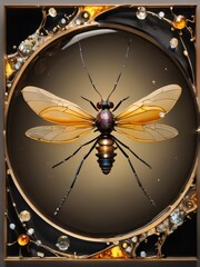 3d illustration of a black wasp in a golden frame with pearls