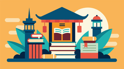 Fototapeta premium A Zen and Stoic library houses ancient texts and scrolls from both philosophies inviting visitors to learn and grow from the wisdom of both cultures.. Vector illustration