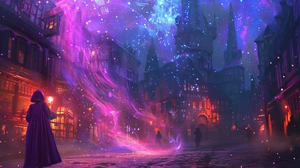 The image is a magical fairy tale scene set in the city at night, featuring a person under the starry sky, surrounded by dazzling lights and colorful smoke, creating a festive and mysterious atmospher