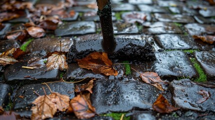 Obraz premium A black umbrella rests atop a puddle, next to a green patch of grass and brown leafy area