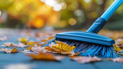  A blue broom with a blue handle lies on the ground amidst fallen leaves Trees form the background