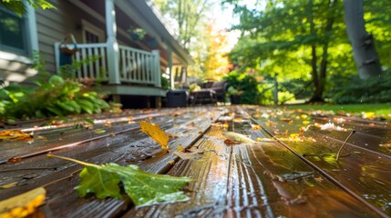   A tight shot of a wooden deck, adorned with fallen leaves, and a house with a porched backdrop - Powered by Adobe