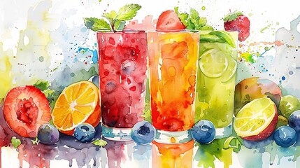watercolor Refreshing fruit juices in watercolor style. Blueberry, orange, strawberry, kiwi, and lime.