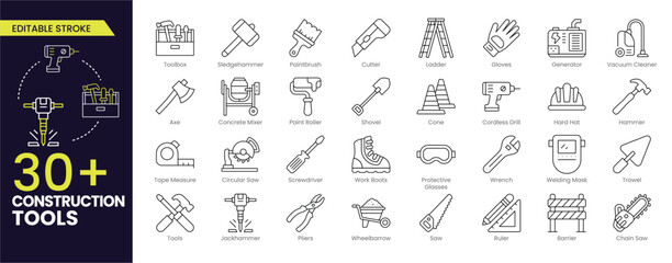 Construction Tool Stroke icon collections. Construction, renovation architecture, engineer, building, blueprint and home repair tools. Stroke icon collection Outline icon