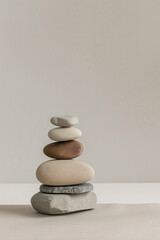 A minimalist still life featuring a stack of pebbles arranged in a cairn, with their smooth surfaces and balanced shapes creating a mesmerizing minimalist composition.