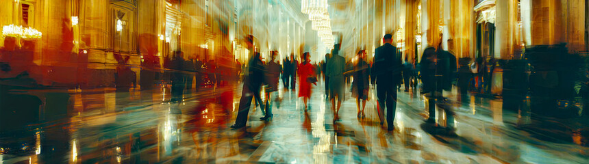 A blurry image of a busy city street with people walking and carrying luggage