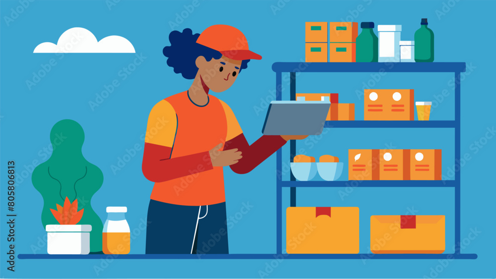 Poster A volunteer carefully pricing items and adding them to the stores inventory.. Vector illustration