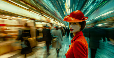 A woman in a red hat stands in a crowded area