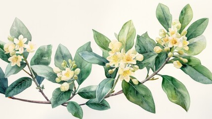 Fototapeta premium watercolor The image is a watercolor painting of a branch of white jasmine flowers with green leaves
