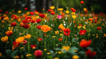 Fototapeta premium A vibrant expanse of red, yellow, and pink blooms blankets the ground Green grass and trees frame the foreground, casting an idyllic backdrop