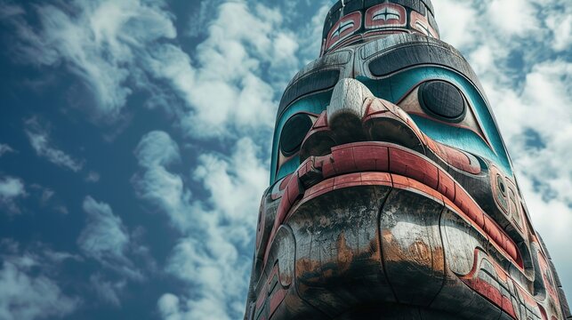 Image: A wooden totem pole, a symbol of native culture, stands tall against a vibrant sky in Canada's Vancouver, showcasing intricate carvings and rich tradition